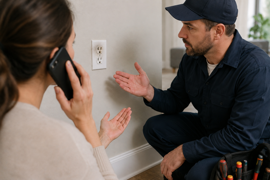 homeowner consulting with an electrician about a damaged electrical outlet warm to touch showing signs of overheating inside a home