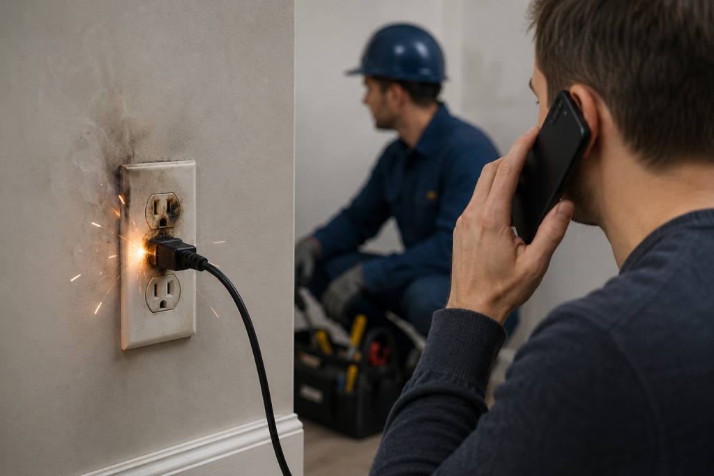 homeowner calling electrician while damaged electrical outlet sparks and smokes on wall
