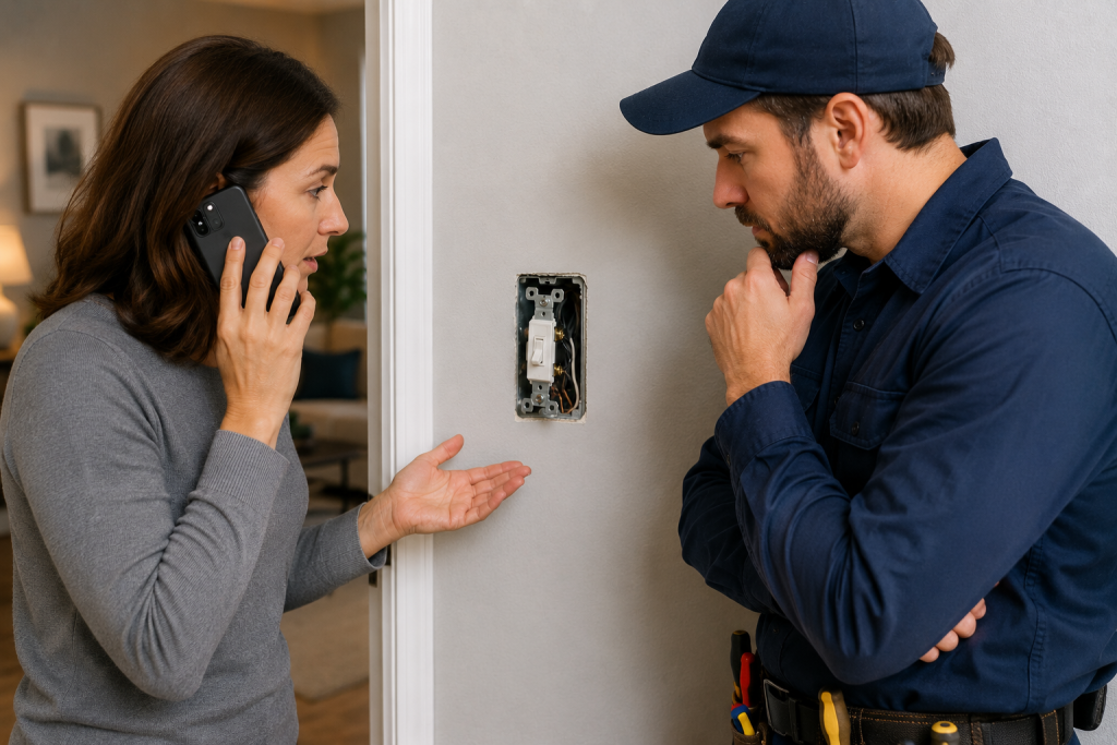Electrician inspecting a faulty light switch while discussing electrical problems with a homeowner