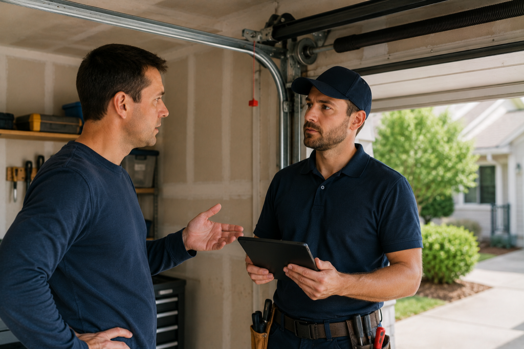 Homeowner speaking with a garage door repair professional inside a residential garage about major mechanical garage door problems