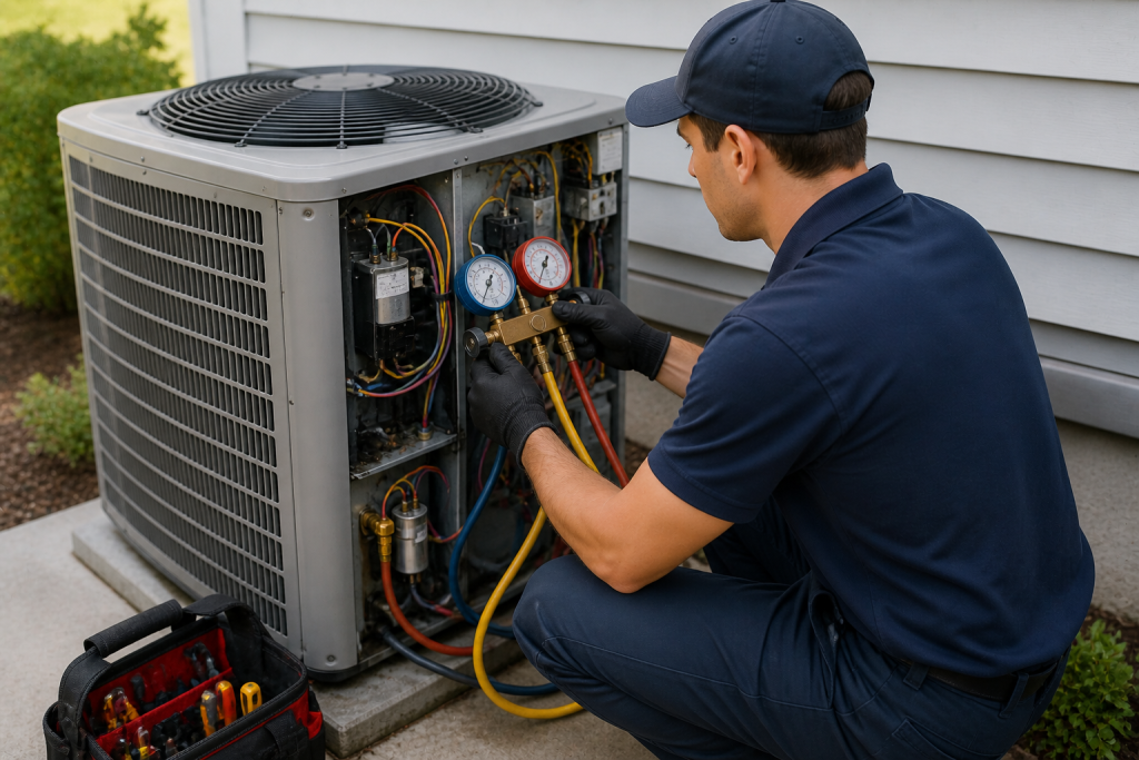 HVAC technician inspecting and repairing outdoor AC unit when system is not cooling properly