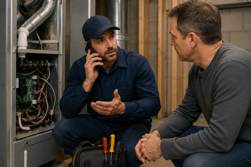 HVAC technician diagnosing a residential furnace system while discussing furnace blower runs constantly operation problems with a homeowner inside a utility room