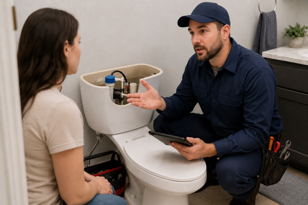 Professional plumber inspecting an open residential toilet tank and plumbing connections while diagnosing low water pressure or hidden plumbing problems
