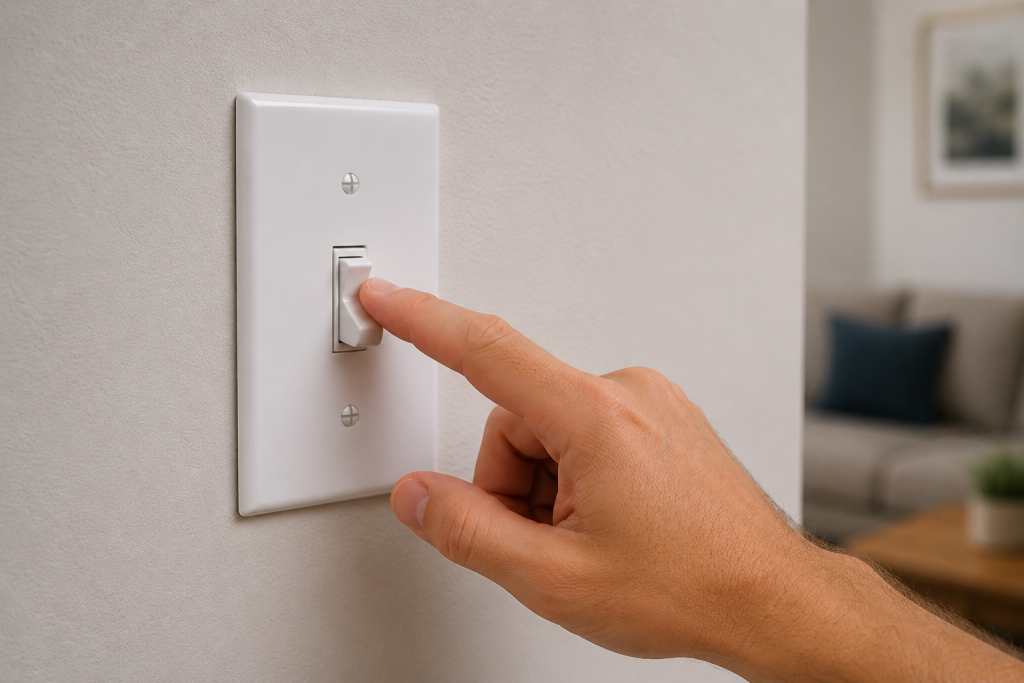 Hand testing a wall switch while troubleshooting a ceiling fan not working