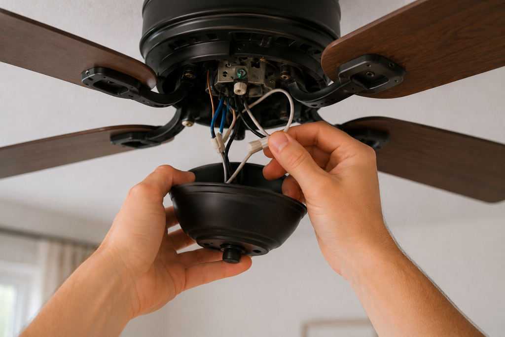 Inspecting ceiling fan wiring connections during a ceiling fan troubleshooting repair process