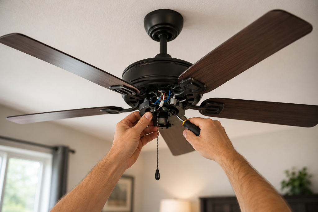 Ceiling fan not working in a modern bedroom while homeowner troubleshoots electrical issue