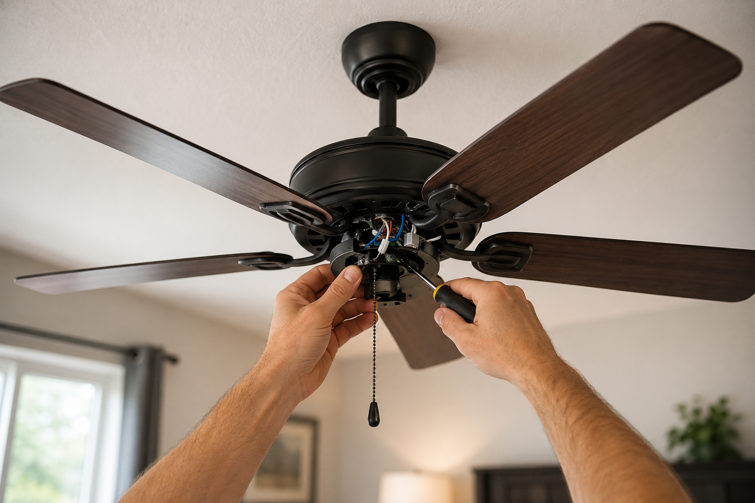 Ceiling fan not working in a modern bedroom while homeowner troubleshoots electrical issue