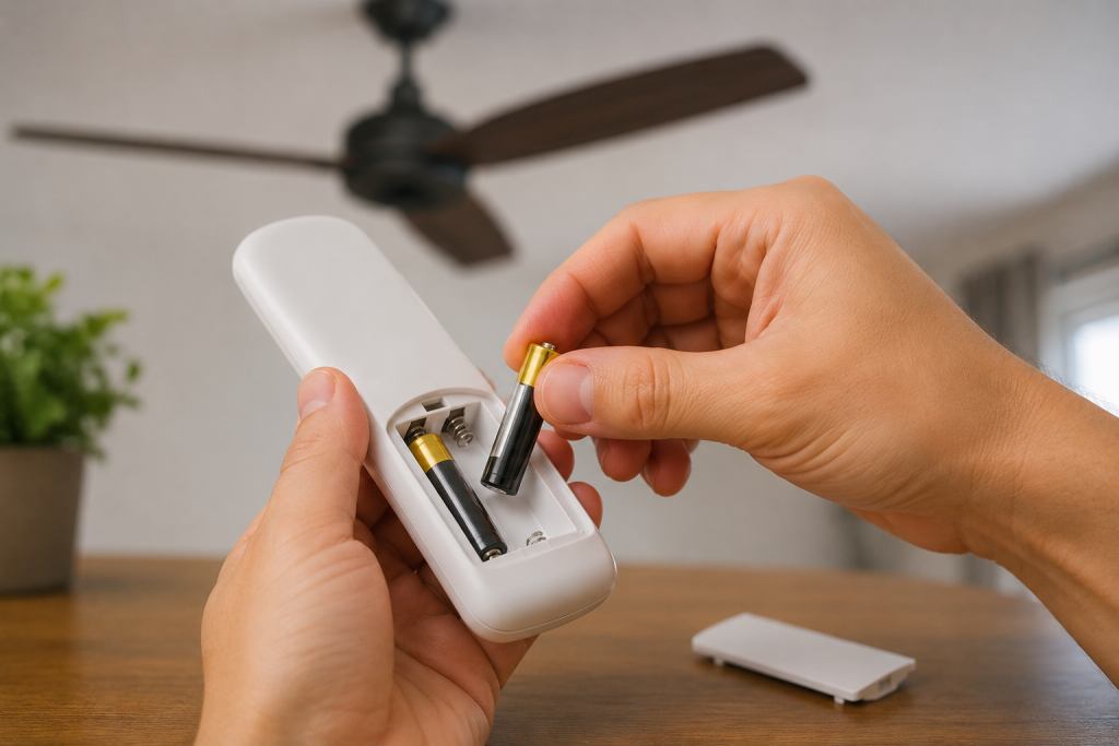 Replacing batteries in a ceiling fan remote control during troubleshooting repair steps