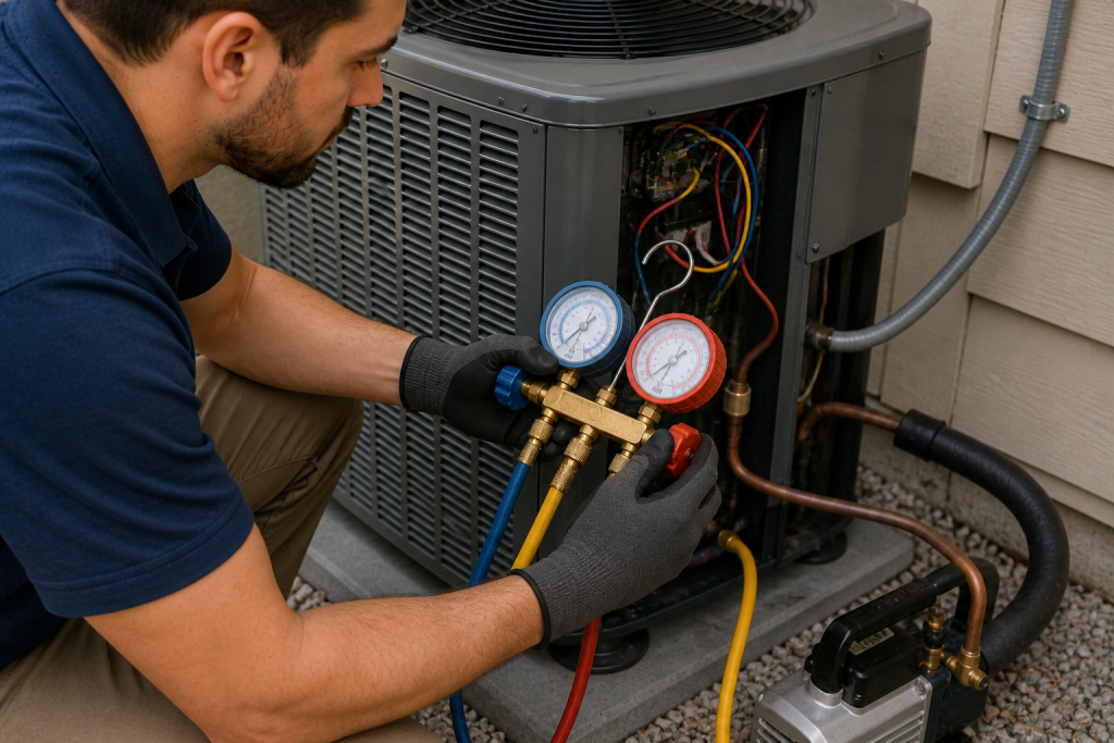 Checking AC refrigerant levels with gauges on outdoor condenser unit to diagnose warm air issue