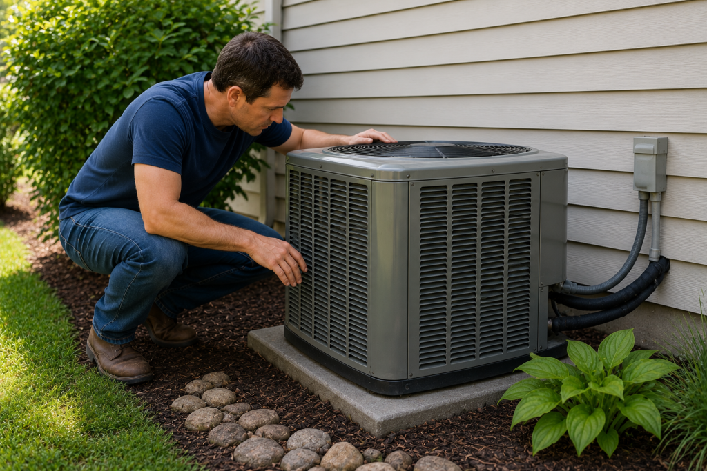 Inspecting and cleaning outdoor air conditioner condenser unit during exterior home maintenance