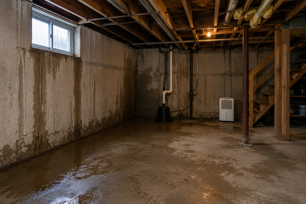 Why Does My House Smell Musty After Rain? Damp unfinished basement with water stains on concrete walls and floor after heavy rain causing musty odors in the house. 