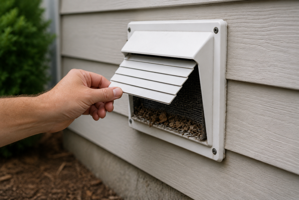Homeowner inspecting an exterior bathroom exhaust vent hood and removing debris to improve airflow and moisture removal from the bathroom.