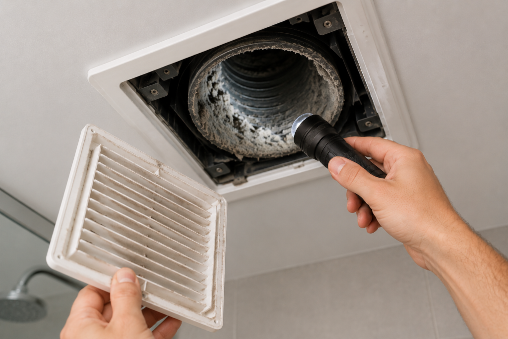 Inspecting a bathroom exhaust fan vent duct for dust buildup and airflow blockage using a flashlight