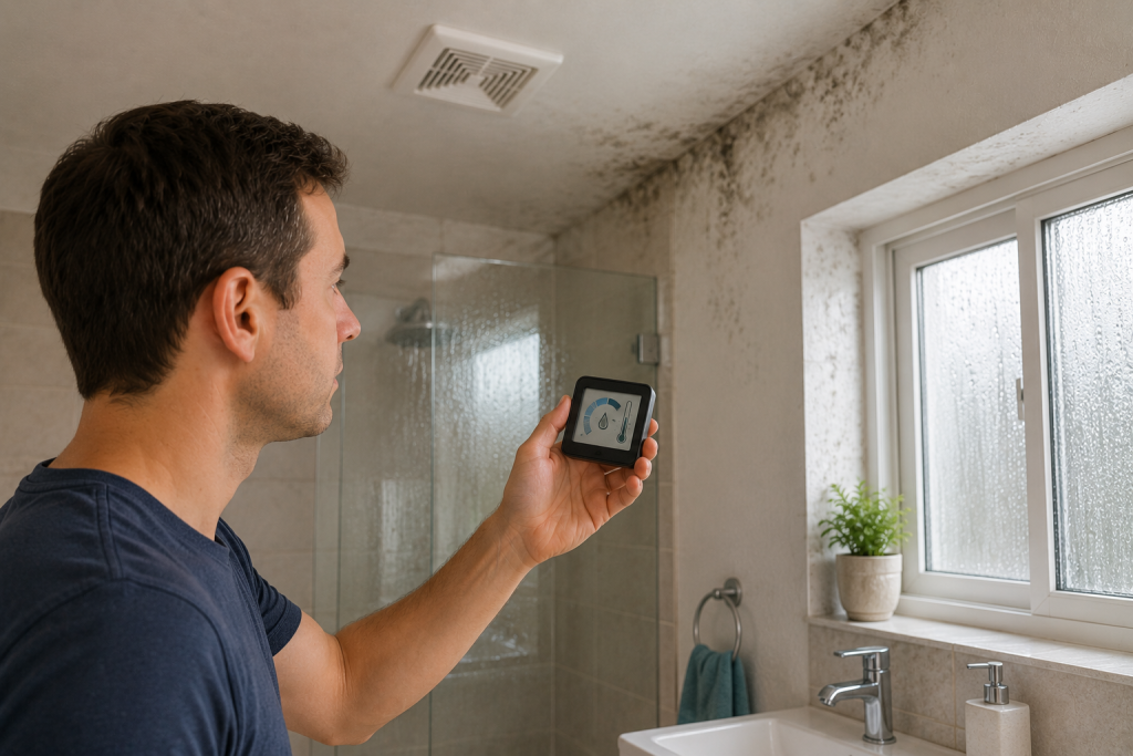 Homeowner using a digital humidity meter in a bathroom to check indoor moisture levels and identify excess humidity that may overwhelm the exhaust fan.
