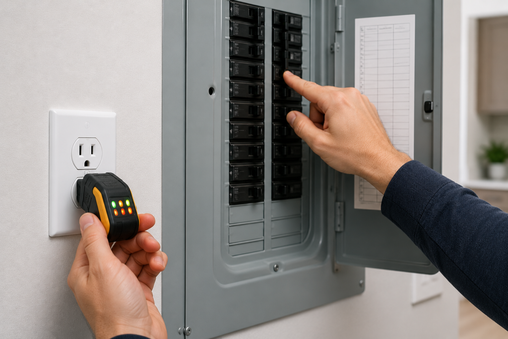 Person checking a home electrical breaker panel and testing a wall outlet during refrigerator power troubleshooting after a power outage