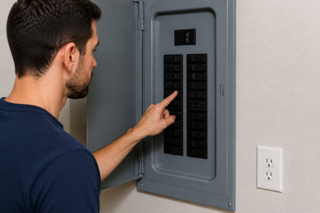 Checking circuit breaker panel to troubleshoot outlet not working issue