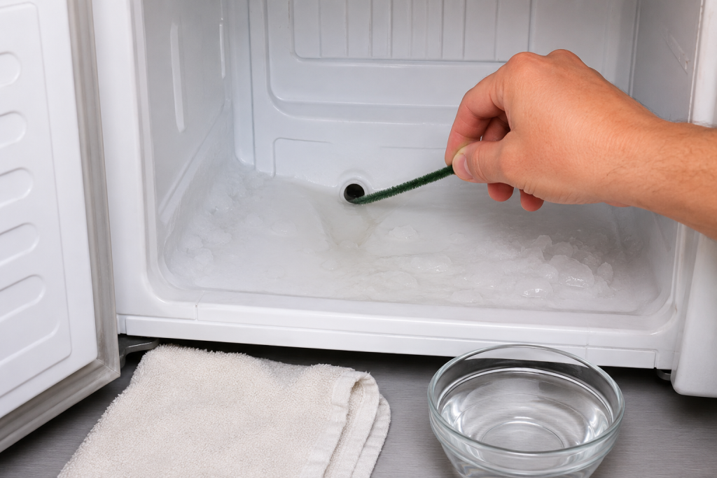 Homeowner cleaning a clogged refrigerator defrost drain inside freezer compartment using warm water and a small cleaning tool