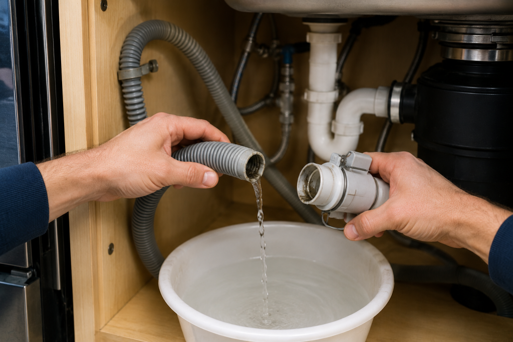 Disconnecting and inspecting a dishwasher drain hose under a kitchen sink to remove clogs and improve drainage