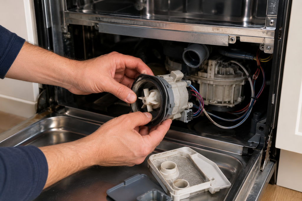 Inspecting a dishwasher drain pump and impeller assembly inside an open dishwasher to troubleshoot drainage problems