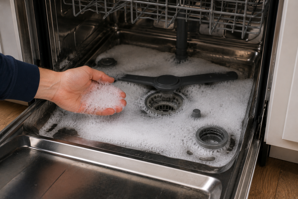 Excess soap suds and foam buildup inside a Bosch dishwasher causing an E15 leak error condition