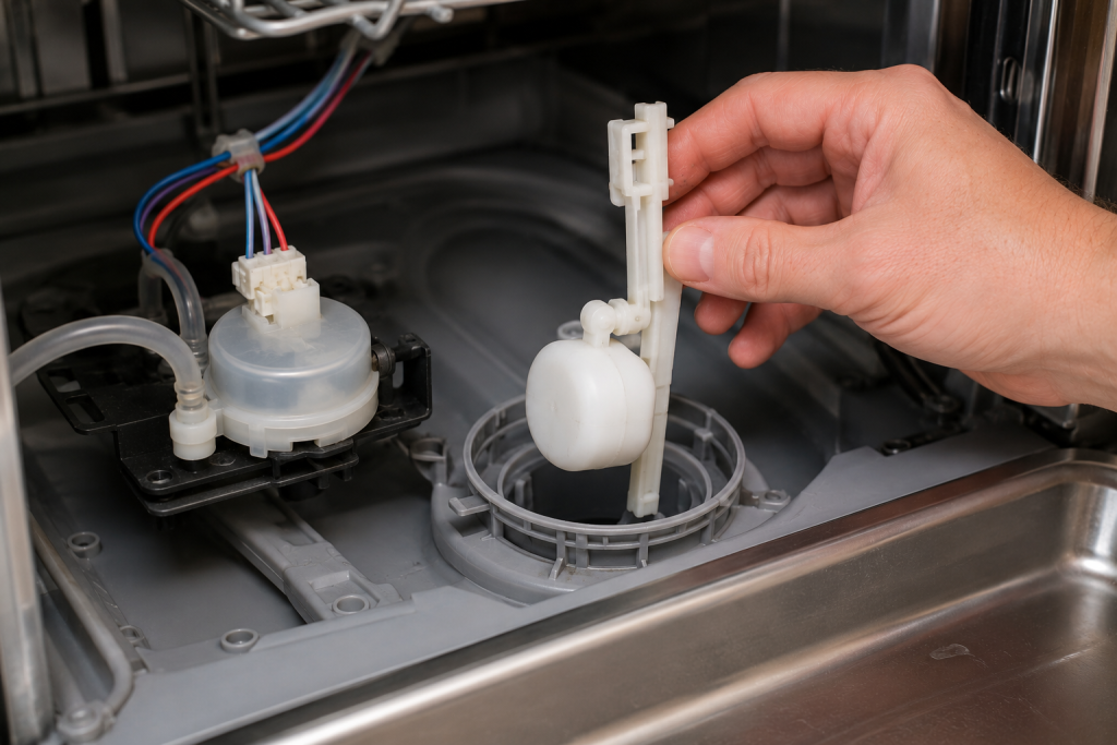 Hand checking the dishwasher float assembly inside the tub during GE dishwasher H2O error code troubleshooting