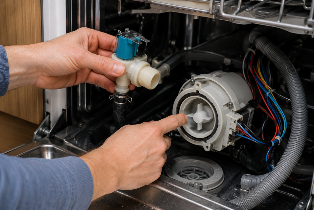 Technician inspecting the water inlet valve and circulation pump underneath a dishwasher not cleaning dishes properly