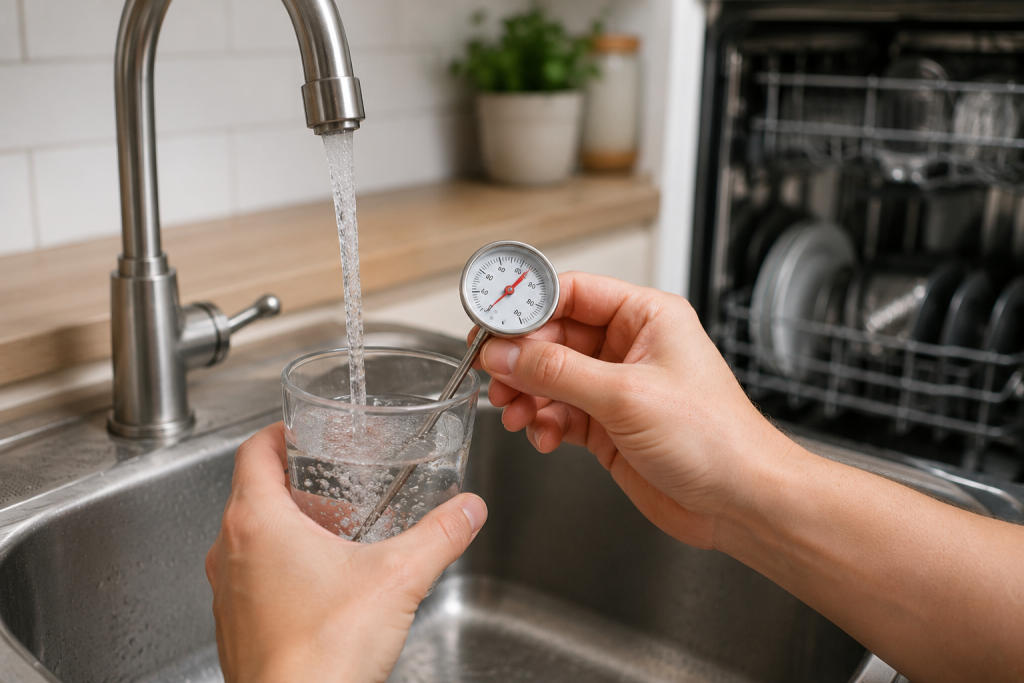 Hands testing hot water temperature with a thermometer at a kitchen sink beside an open dishwasher