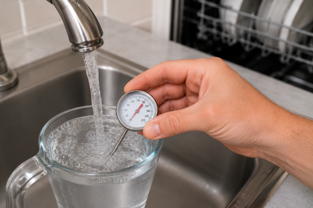 Hand using a thermometer to test hot water temperature at a kitchen sink beside an open dishwasher to help prevent cloudy dishes and detergent residue