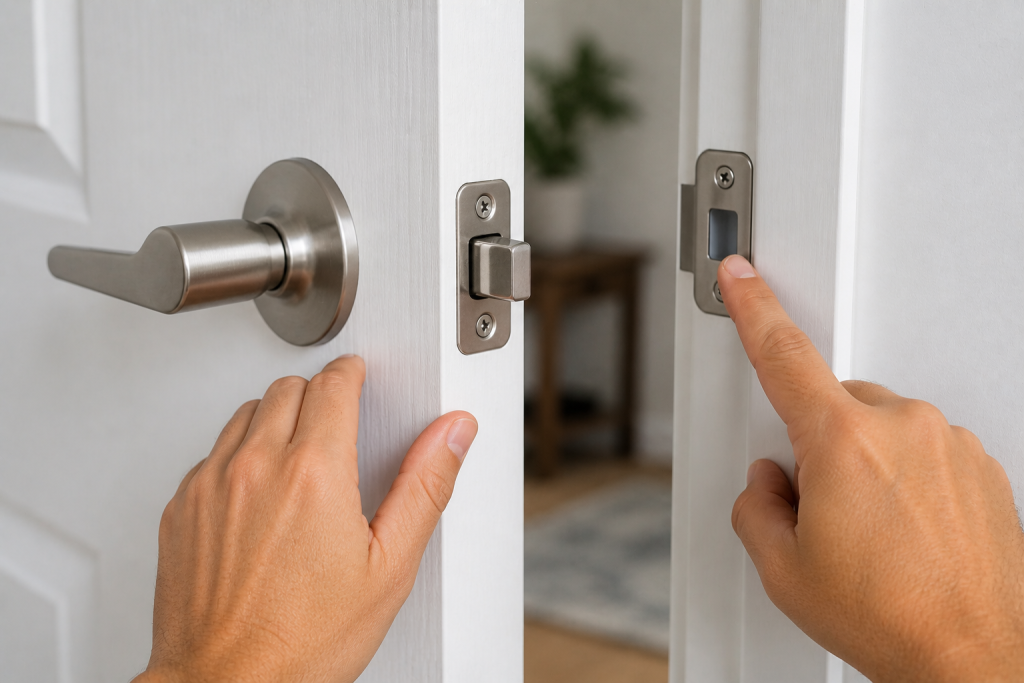 Checking door latch alignment with strike plate to fix a door that won’t latch properly
