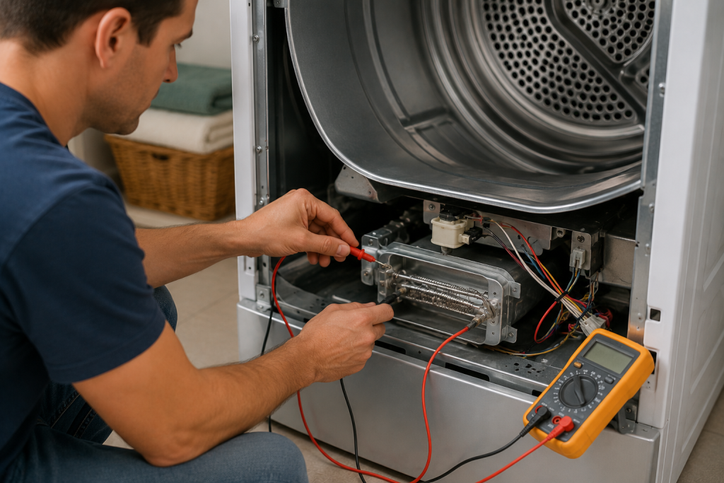 Homeowner testing dryer heating element and electrical components with multimeter to diagnose heating problems in clothes dryer