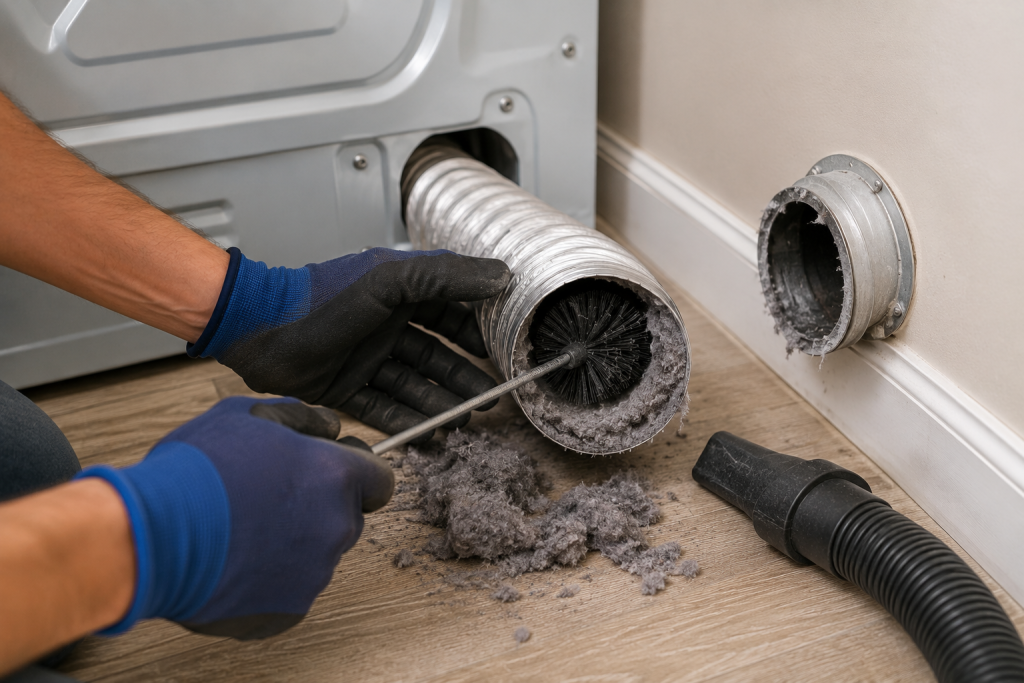Homeowner inspecting and cleaning clogged dryer vent hose behind dryer to improve airflow and reduce drying time