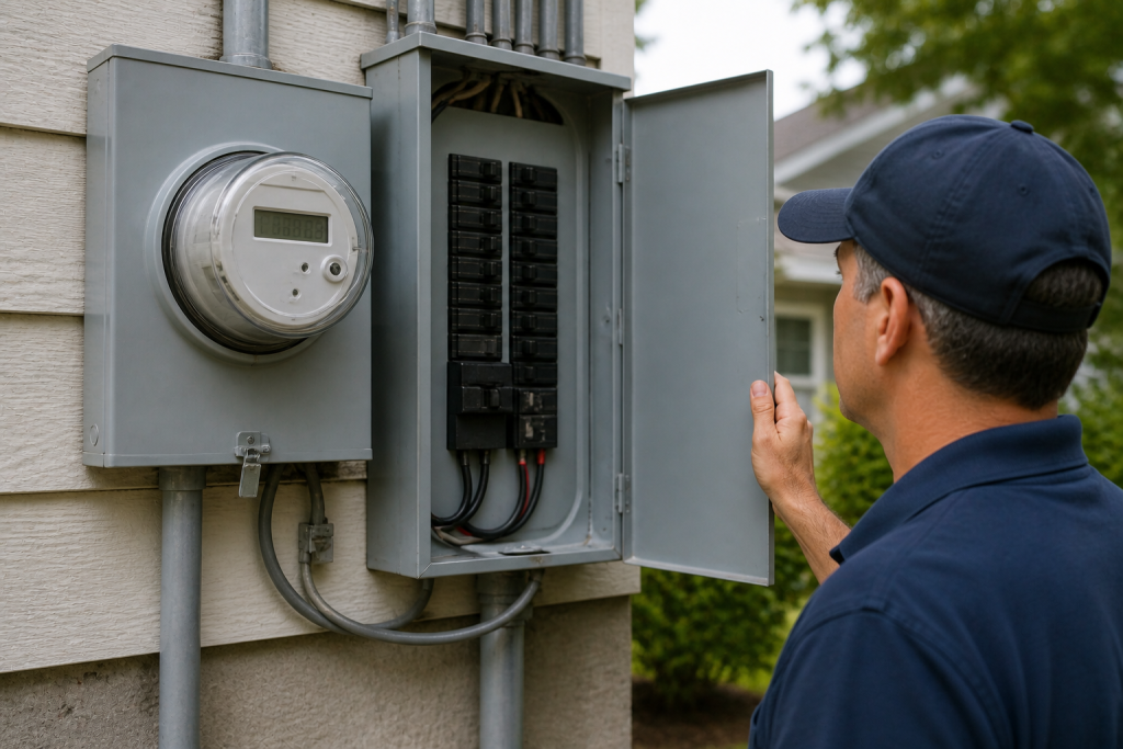 person inspecting outdoor electrical meter and breaker panel for whole-home power issues causing flickering lights