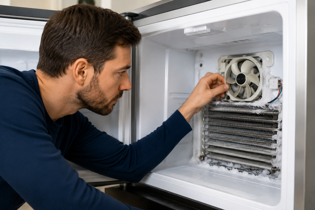Homeowner inspecting the evaporator fan motor and frost buildup inside a refrigerator freezer compartment during refrigerator noise troubleshooting
