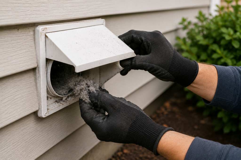 Homeowner cleaning lint buildup from an exterior dryer vent hood outside the house to improve airflow and fix an LG dryer D80 error code