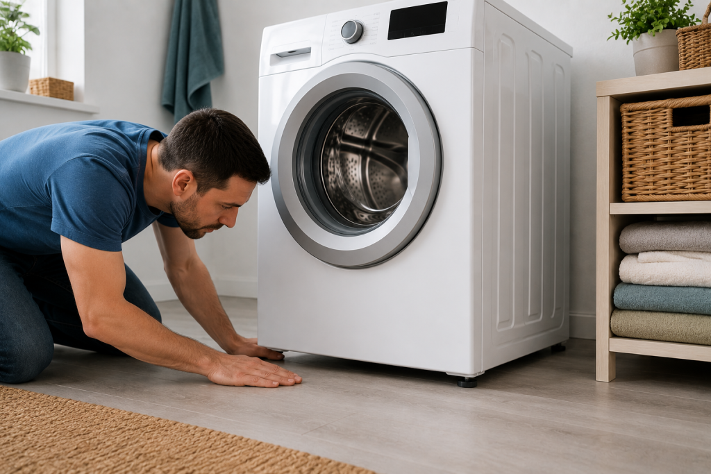 Person inspecting the floor and stability beneath a front-load washing machine to diagnose excessive shaking and vibration