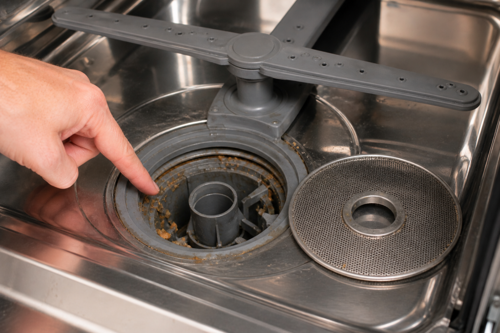 Close-up of food debris and buildup around the bottom dishwasher drain area during inspection and cleaning
