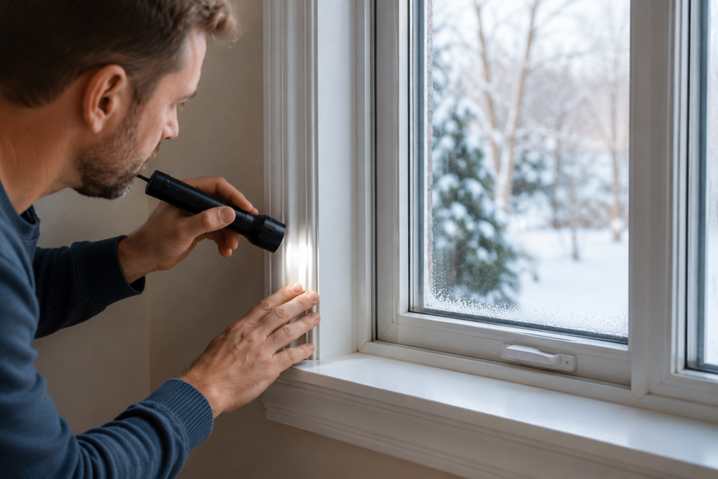 Inspecting a residential window frame for cold air leaks and winter drafts in winter using a flashlight indoors during cold weather troubleshooting