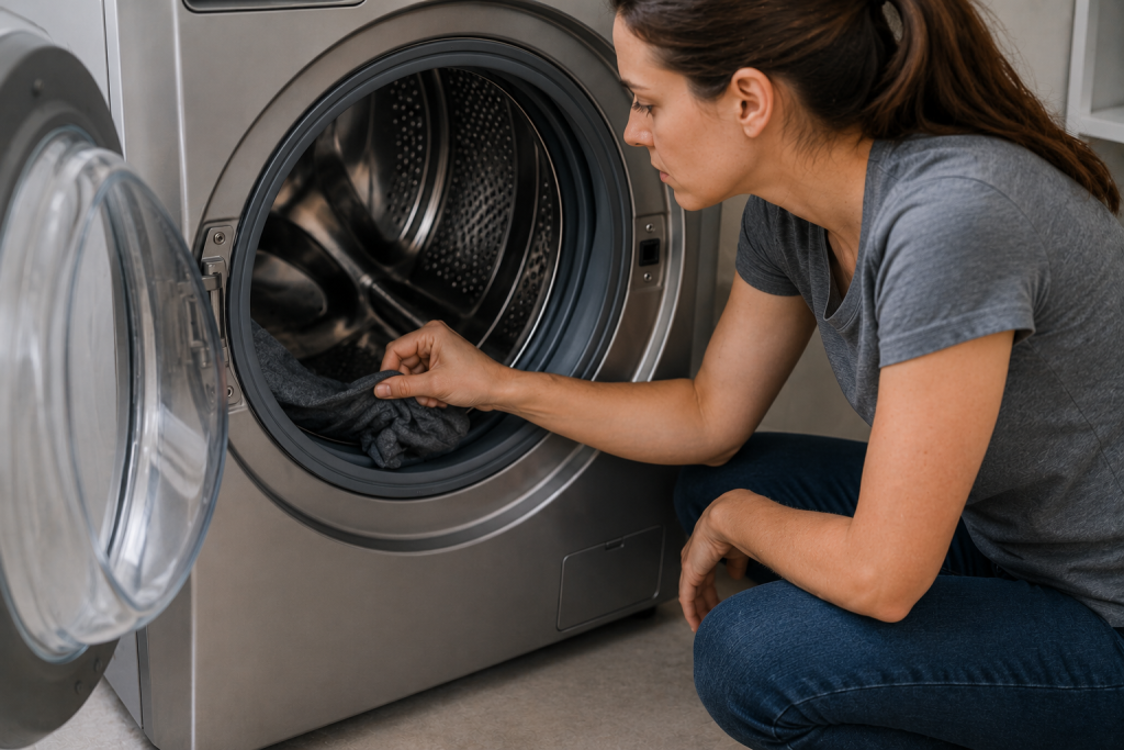 Homeowner inspecting inside a front load washing machine drum for trapped clothing or foreign objects while troubleshooting an LG LE error code in a modern laundry room