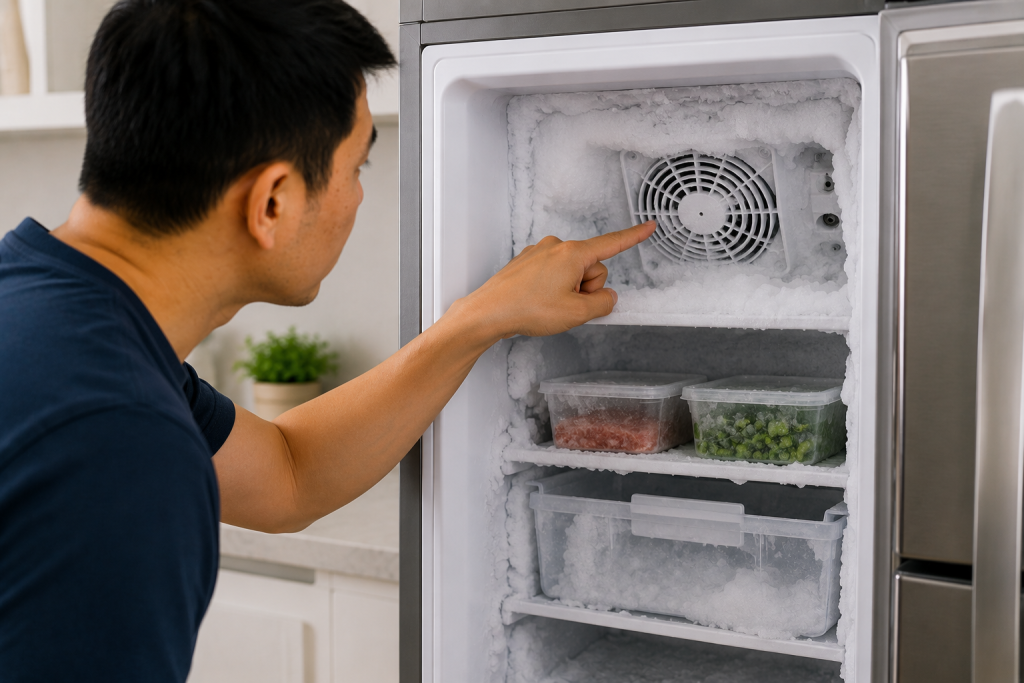 Homeowner inspecting heavy frost buildup around the ice fan vent inside an LG refrigerator freezer while troubleshooting an IF error code caused by restricted airflow and ice accumulation