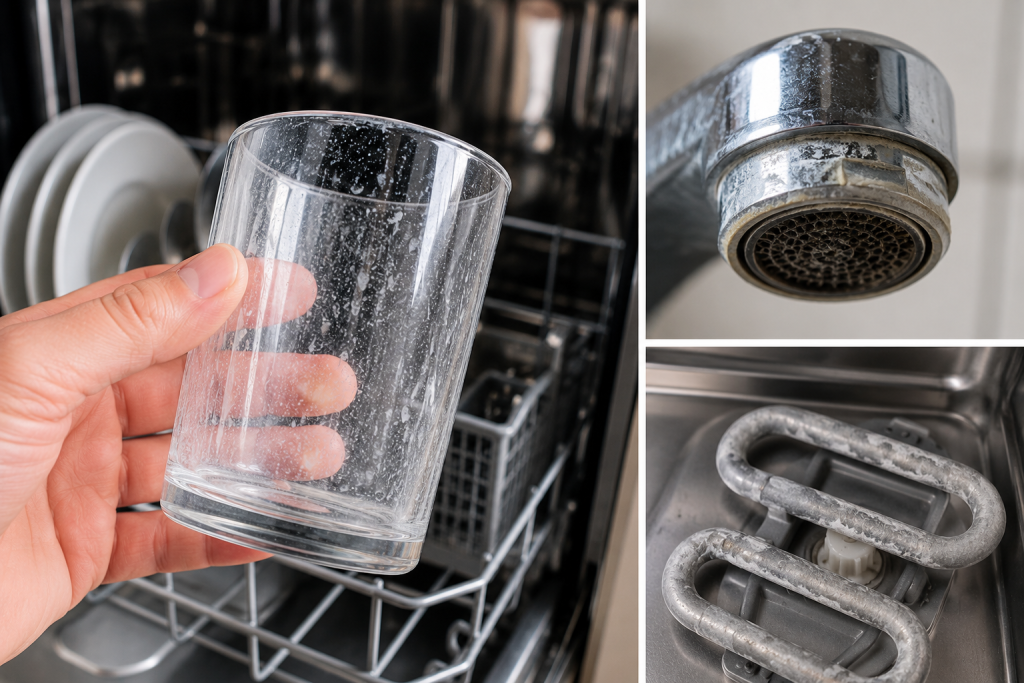 Cloudy drinking glass with white mineral spots next to hard water buildup on a faucet aerator and dishwasher heating element causing white residue on dishes