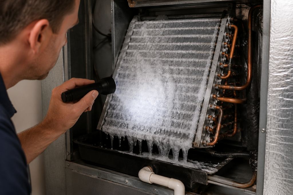 Ice buildup on an HVAC evaporator coil during air conditioning system inspection