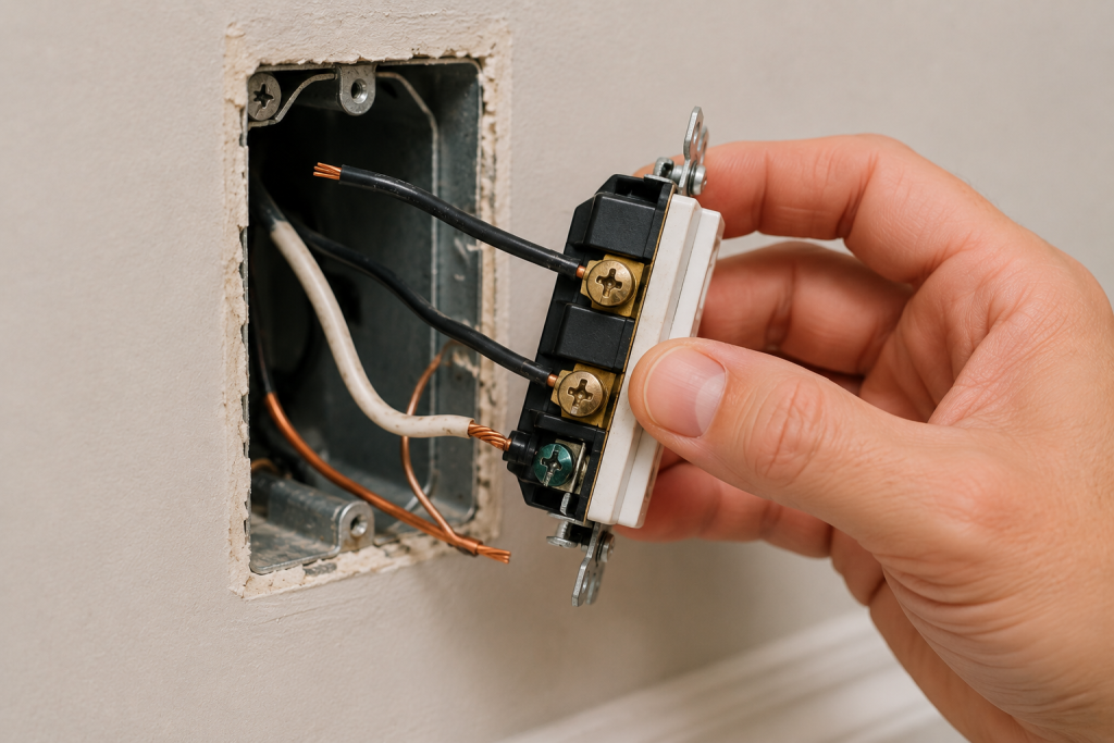 Inspecting loose electrical wiring connections inside a wall outlet box during breaker troubleshooting repair steps