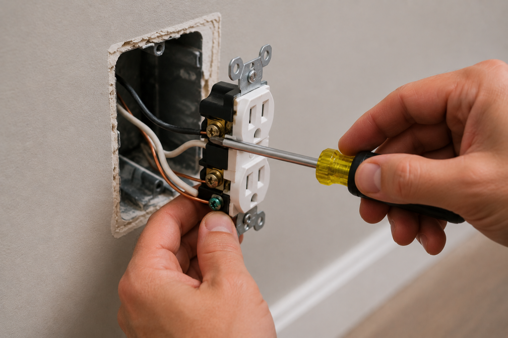 person inspecting loose electrical wiring connections behind a wall outlet with the cover plate removed during home electrical repair