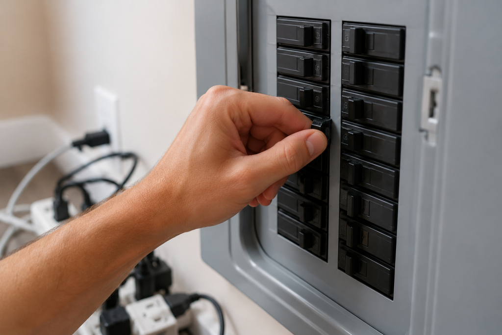 person checking a home electrical breaker panel for an overloaded circuit with multiple devices plugged into nearby outlets