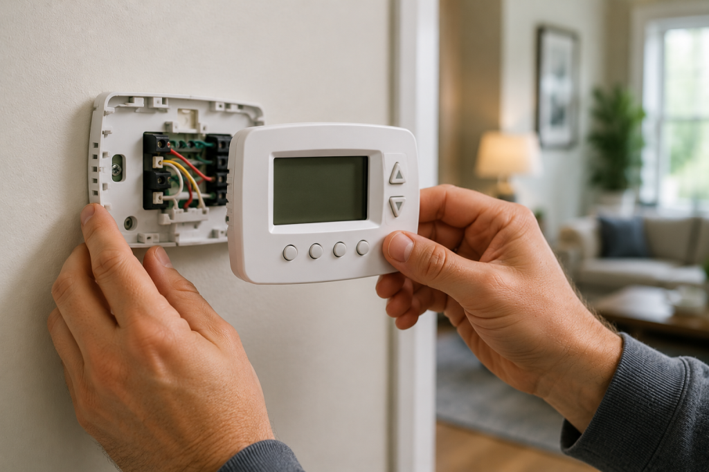 Homeowner inspecting and testing a digital thermostat mounted on a residential wall to troubleshoot a furnace blower running continuously