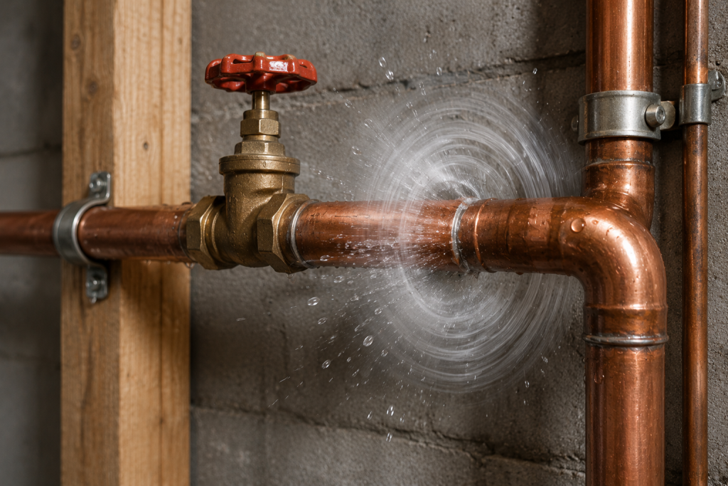 Copper plumbing pipes vibrating from water hammer pressure surge inside a residential basement wall system