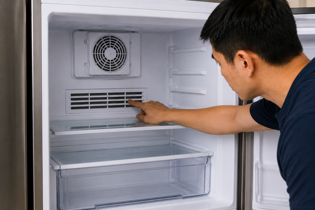 Homeowner inspecting the rear airflow vents inside an LG refrigerator freezer compartment while troubleshooting an IF error code caused by blocked freezer air circulation and restricted cooling airflow