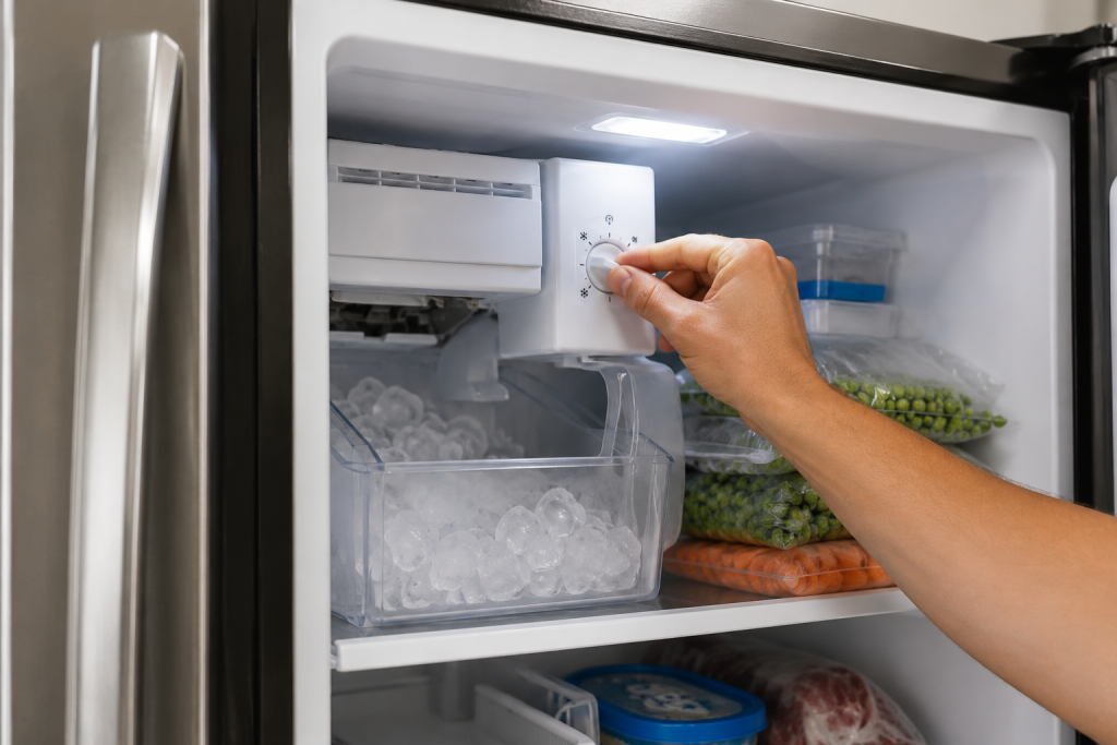 Homeowner adjusting freezer temperature settings inside refrigerator freezer compartment to troubleshoot ice maker not working properly