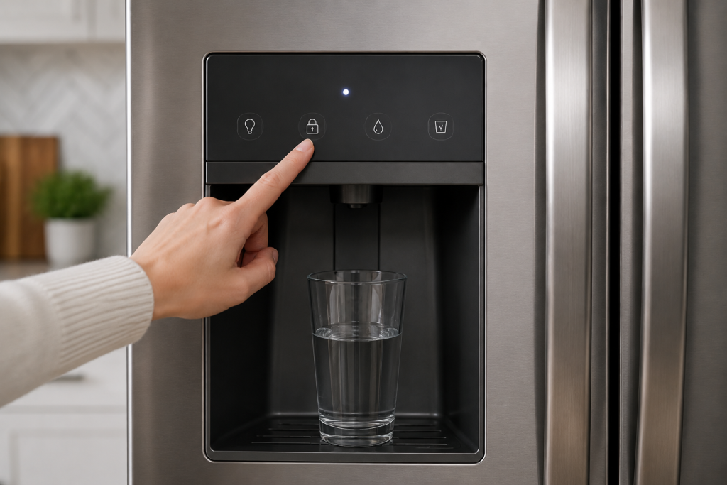 Hand pressing the control lock button on a refrigerator water dispenser panel in a modern kitchen