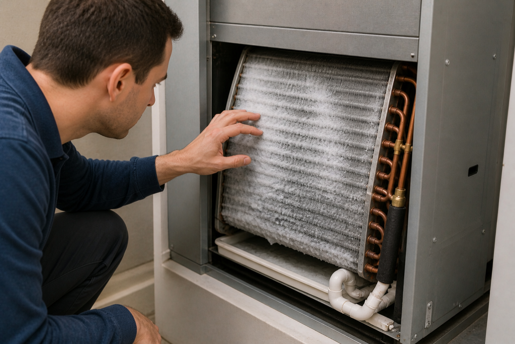 Inspecting frozen AC evaporator coil with ice buildup causing warm air issue